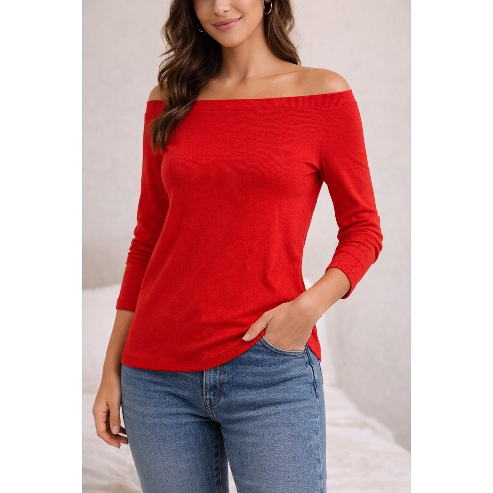 LOFT‎ Womens XL Red Ribbed Off the Shoulder Long Sleeve Boat Neck Top J93